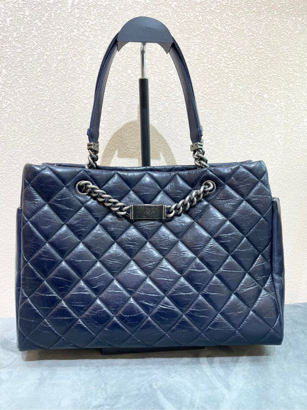 CHANEL Combom Diamond pattern Double Handle Shoulder Handbag Women Blue Silver