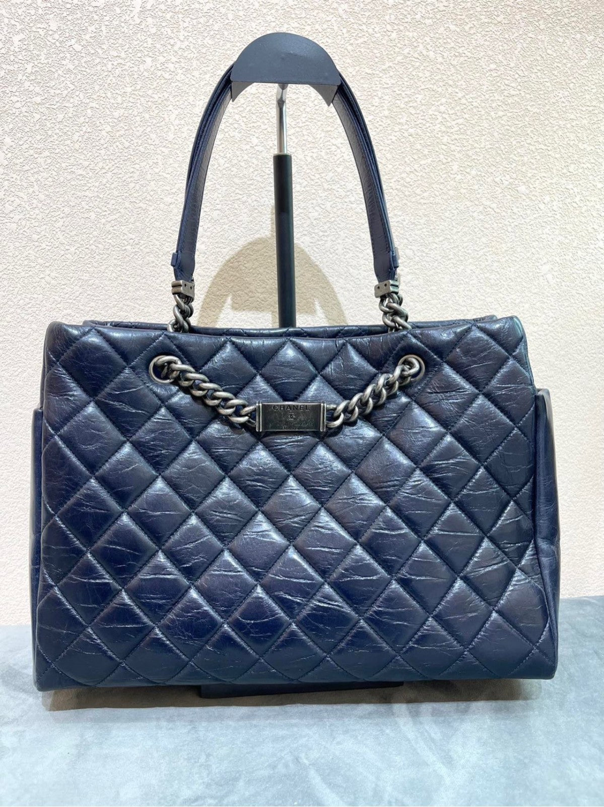 CHANEL Combom Diamond pattern Double Handle Shoulder Handbag Women Blue Silver