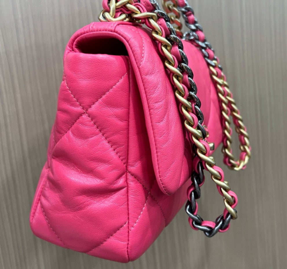 Chanel 19Bag PM Chain Shoulder Bag Crossbody Pink Gold Diamond Women Classic