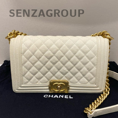 Chanel Le Boy Medium White Gold Calfskin Chain Shoulder Crossbody Bag