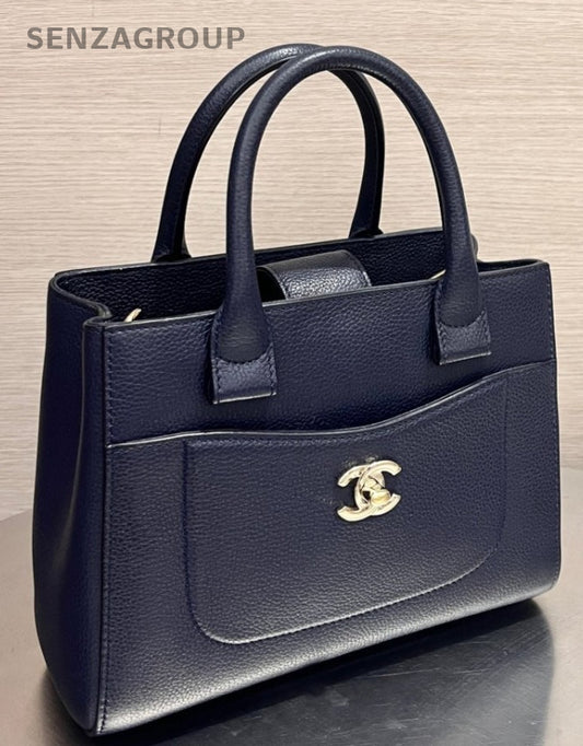 Chanel Calfskin Top Handle Bag Crossbody Blue Gold Used Women Classic Designer
