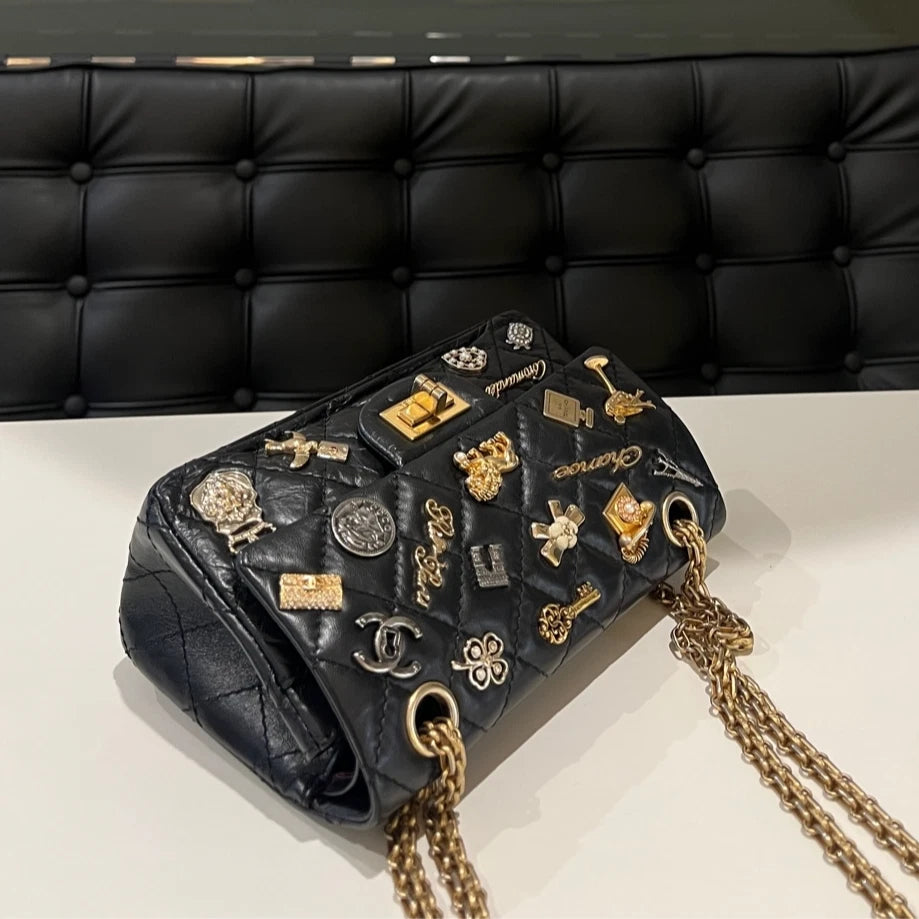 CHANEL 2.55 Mini Black Gold Charm Shoulder Bag
