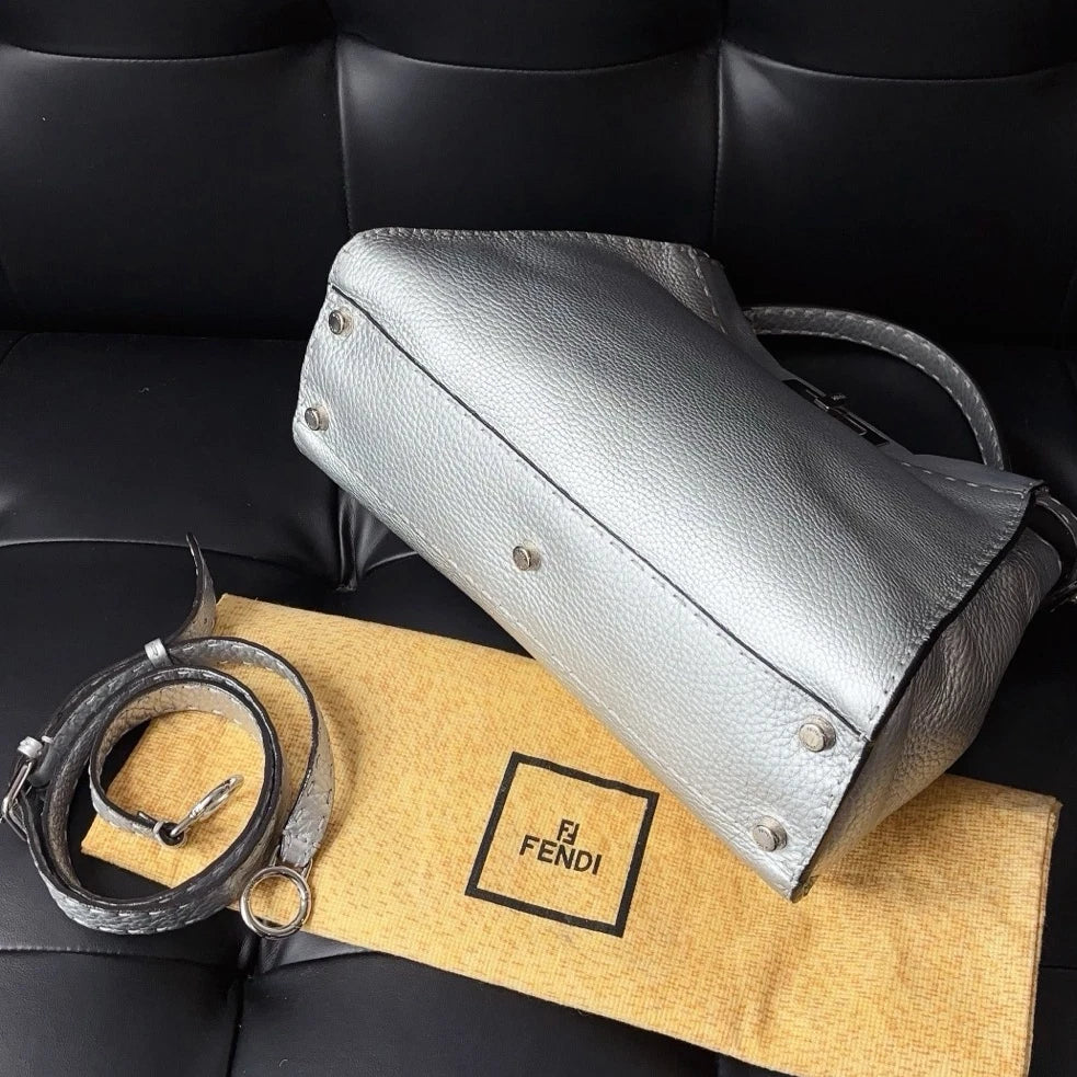 Authentic Fendi Peekaboo Calfskin Top Handle Crossbody Bag Silver SHD