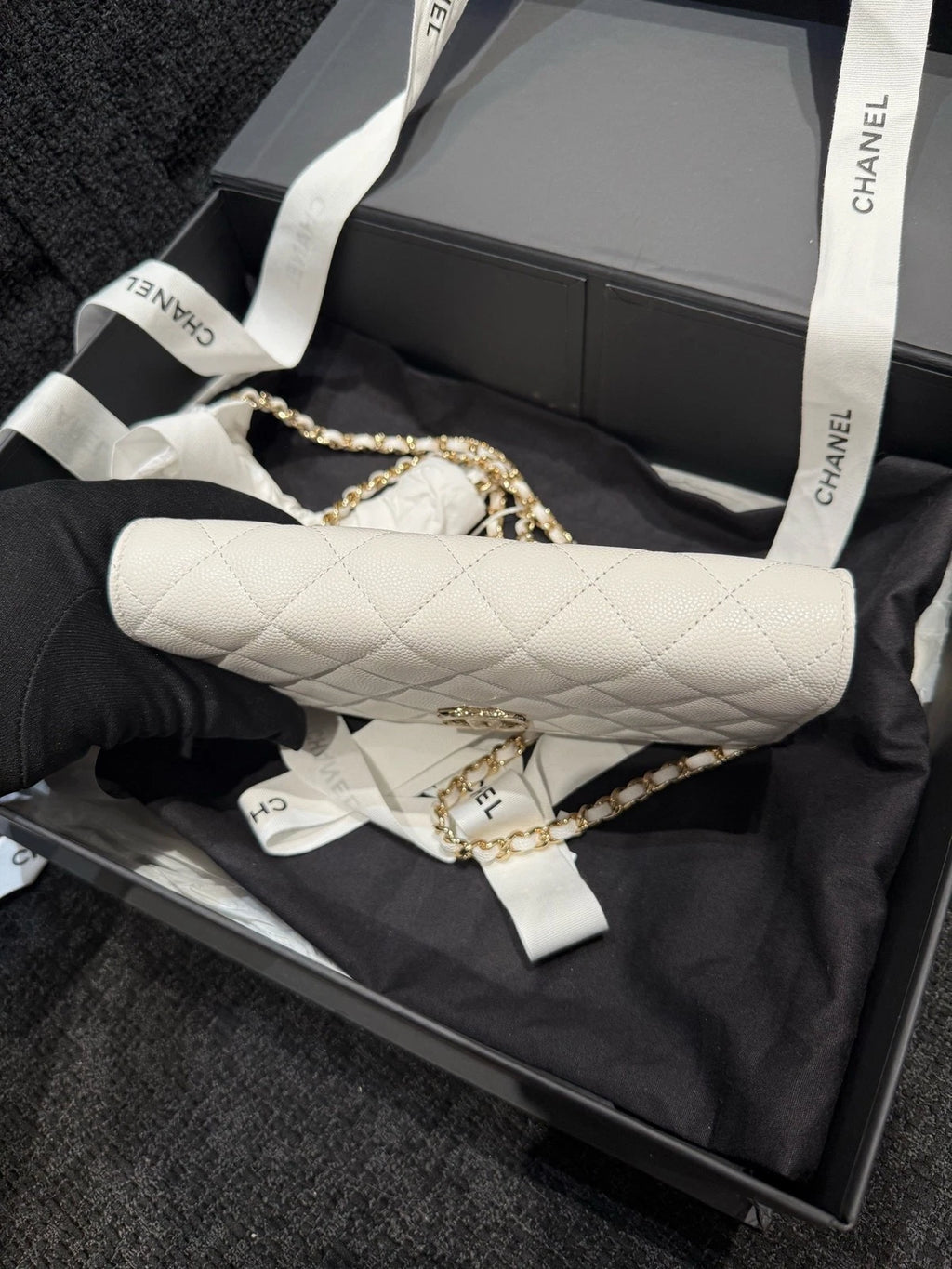 CHANEL Quilted White Leather WOC Gold Hardware Crossbody Bag For Women