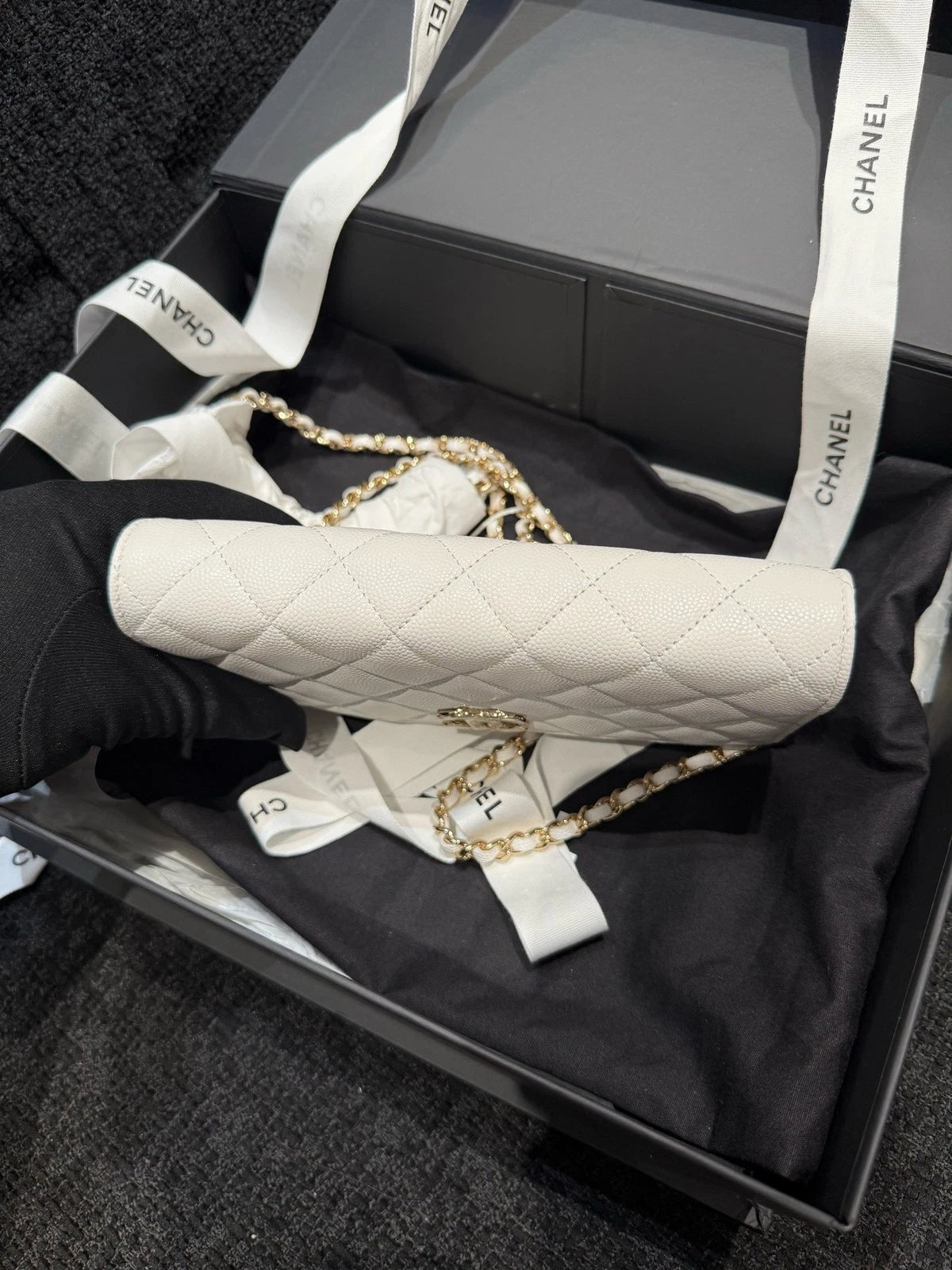 CHANEL Quilted White Leather WOC Gold Hardware Crossbody Bag For Women