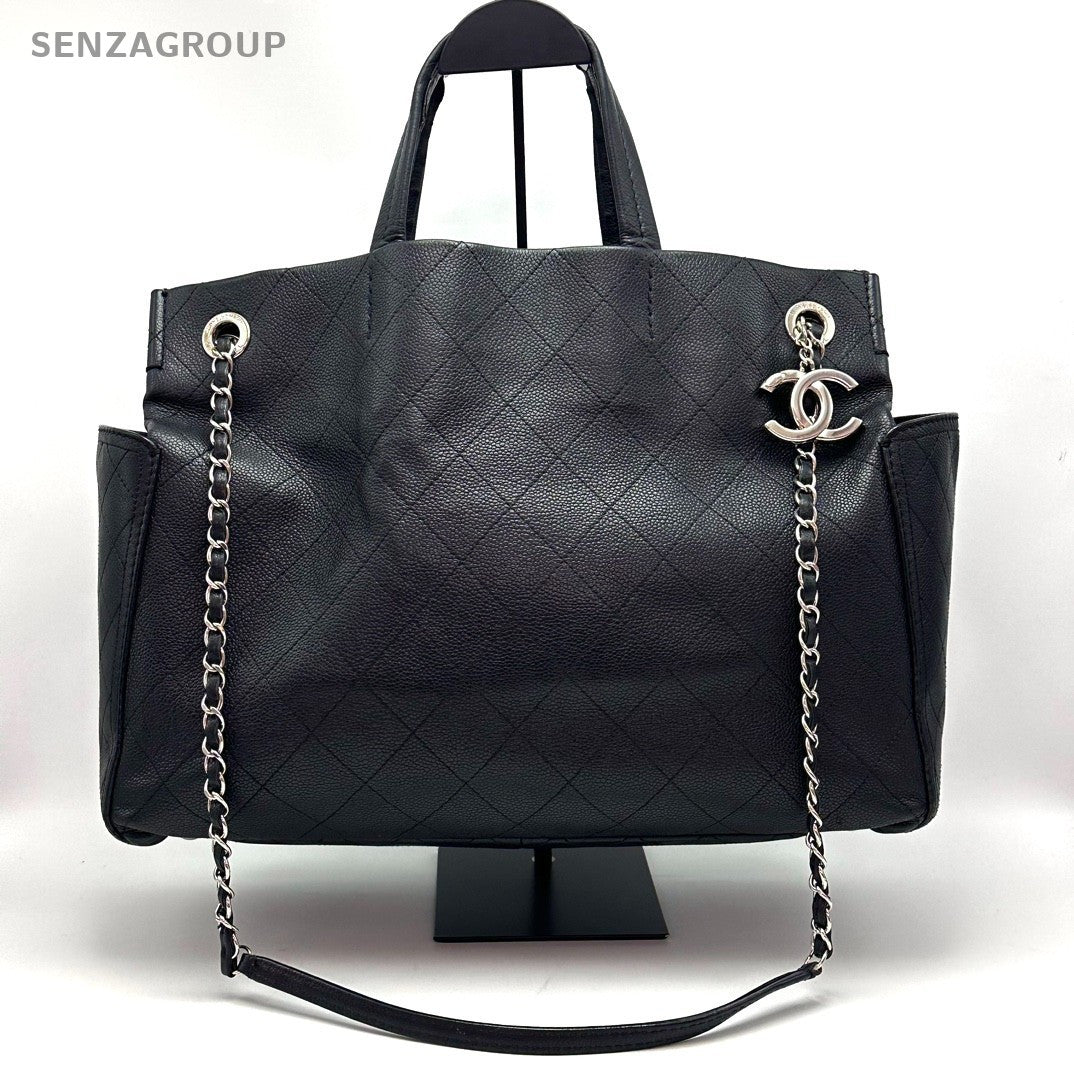 Chanel CC Logo Tote 2way Chain Shoulder Handbag Black Silver Women