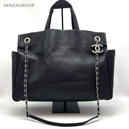 Chanel CC Logo Tote 2way Chain Shoulder Handbag Black Silver Women