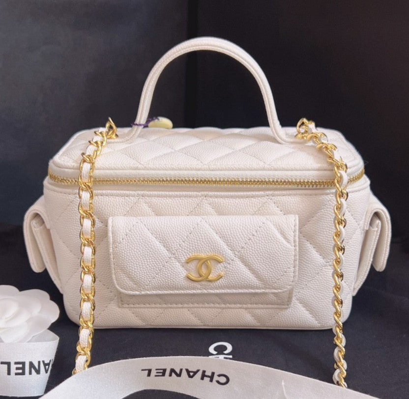 Chanel Cargo Calfskin Vanity Case Top Handle Chain Crossbody White Gold Women