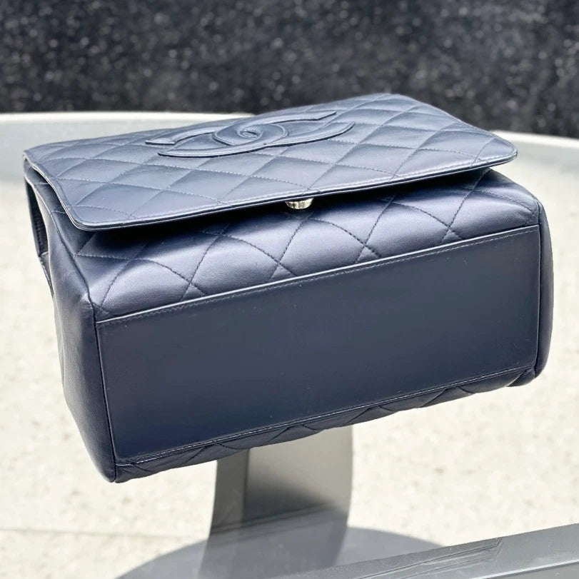 Chanel Lambskin Chain 2Ways Top Handle Shoulder Bag Navy Silver Women S