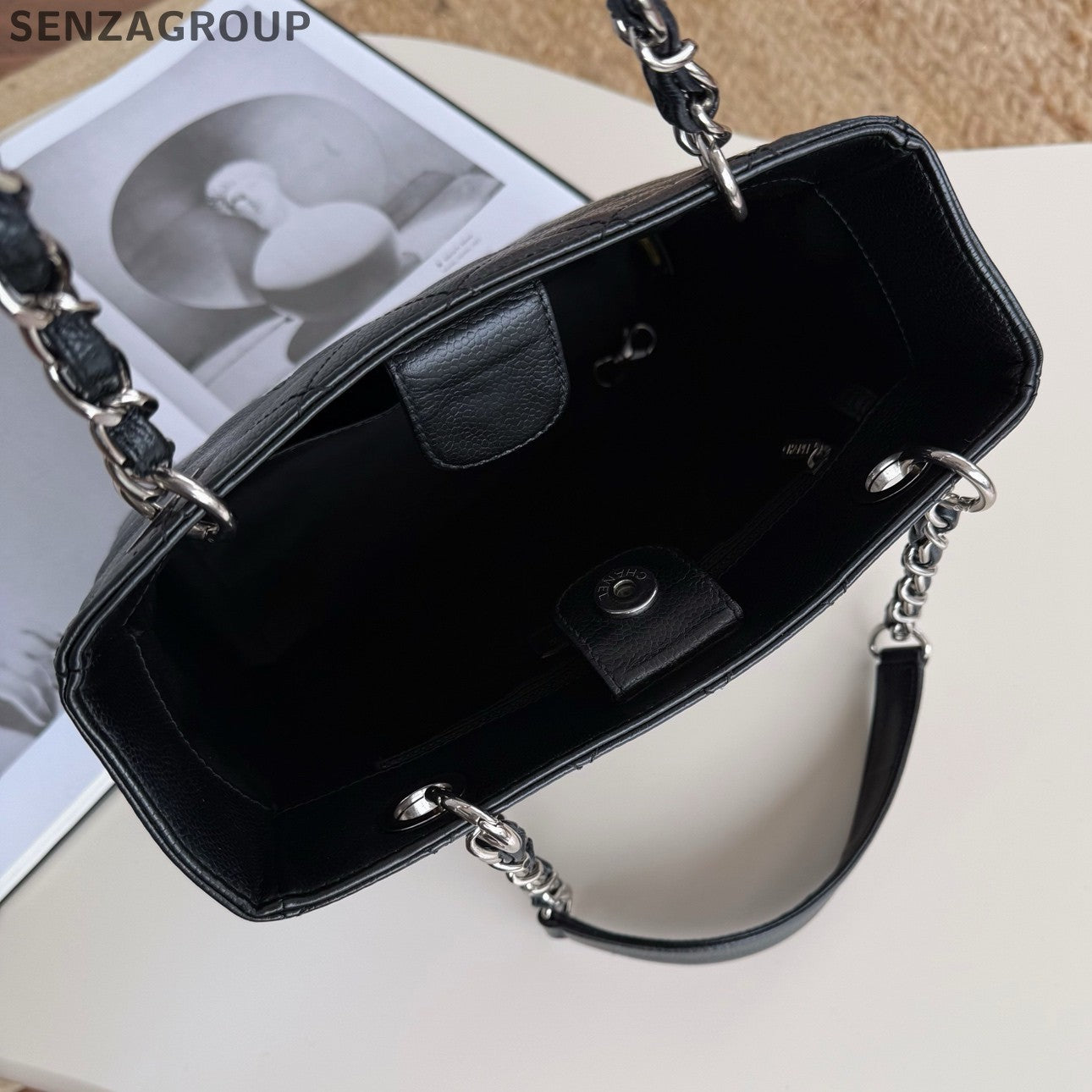 Chanel PST Tote Chain Shoulder Bag Black Silver Used Women Classic