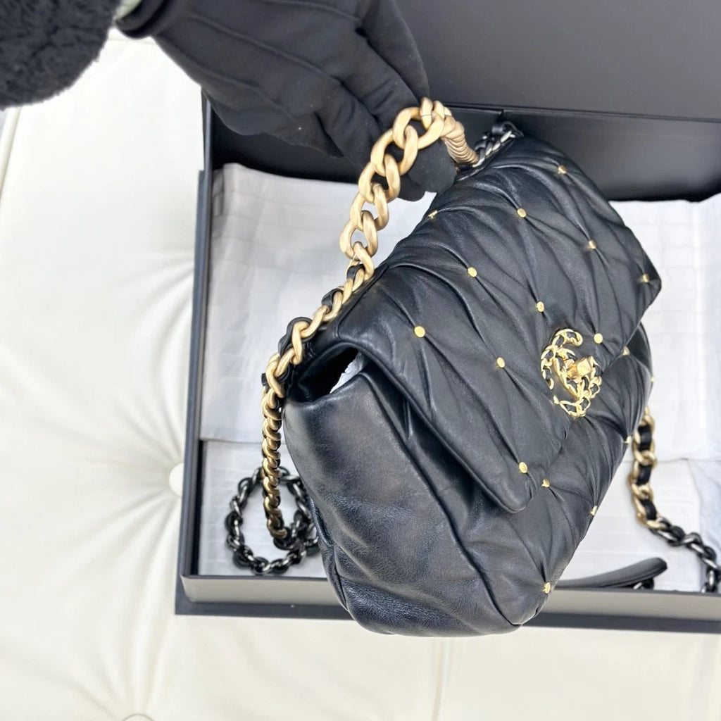 Excellent Chanel 19Bag PM Lambskin Chain Shoulder Crossbody Bag Black GHD