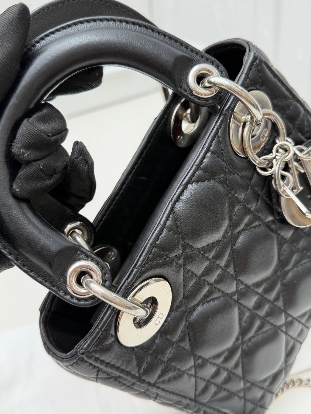 Christian Dior Lady Dior Lambskin Black Handbag Chain Crossbody Silver Hardware
