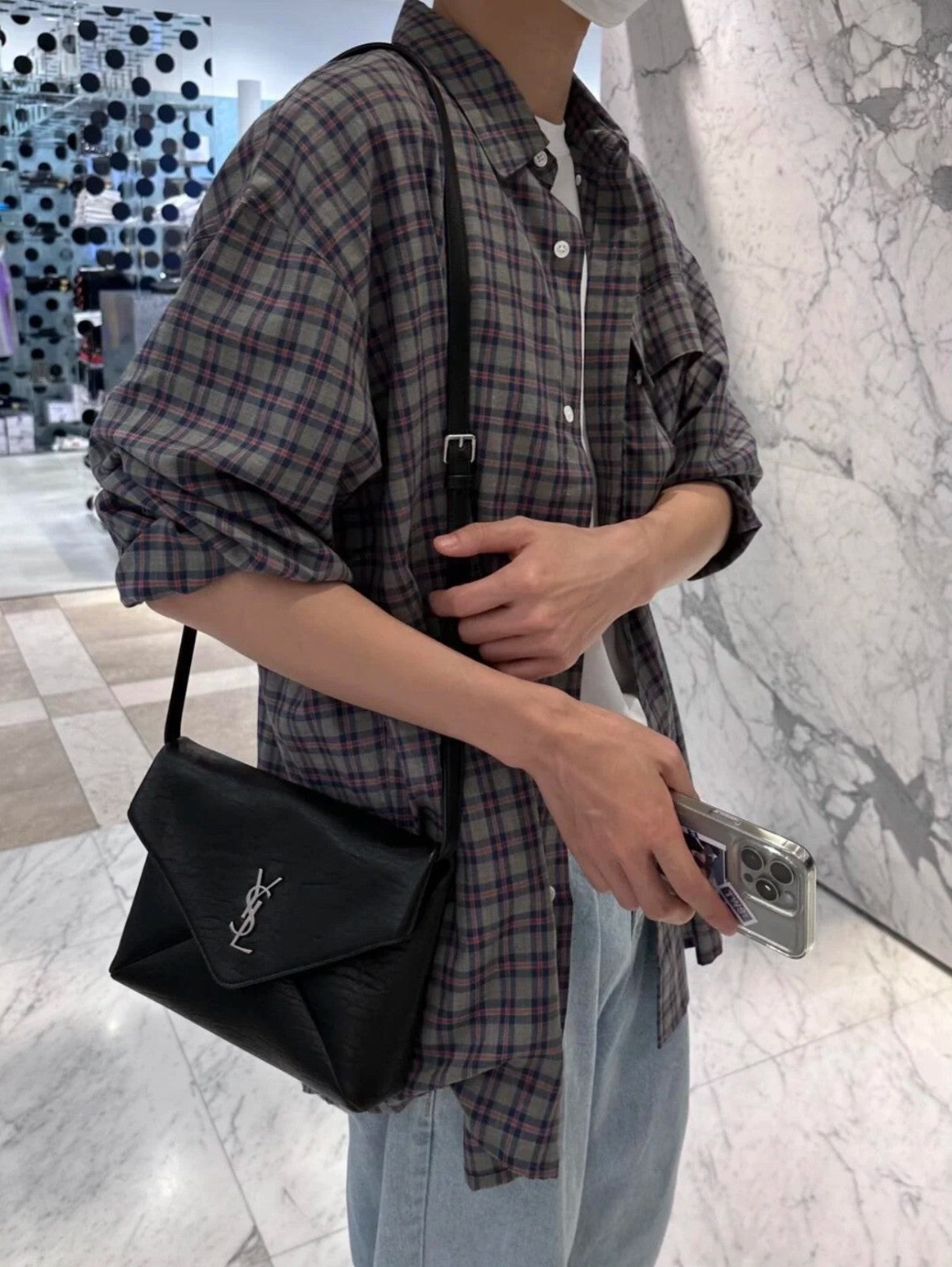 YSL Saint Laurent Cassandre Black Silver Lamb skin Shoulder bag Crossbody