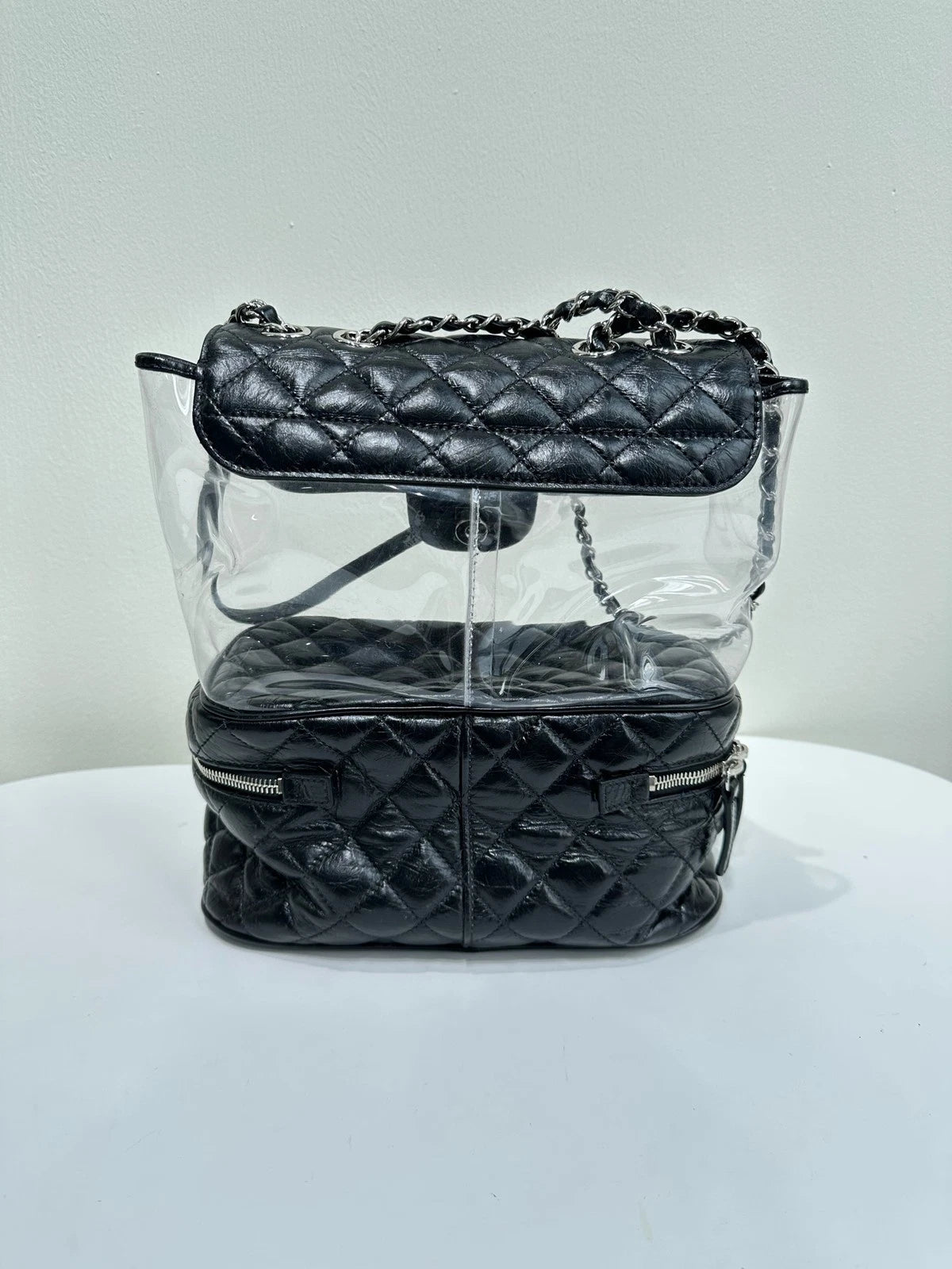Authentic CHANEL Black Silver PVC Transparent Jelly Shoulder Bag For Women