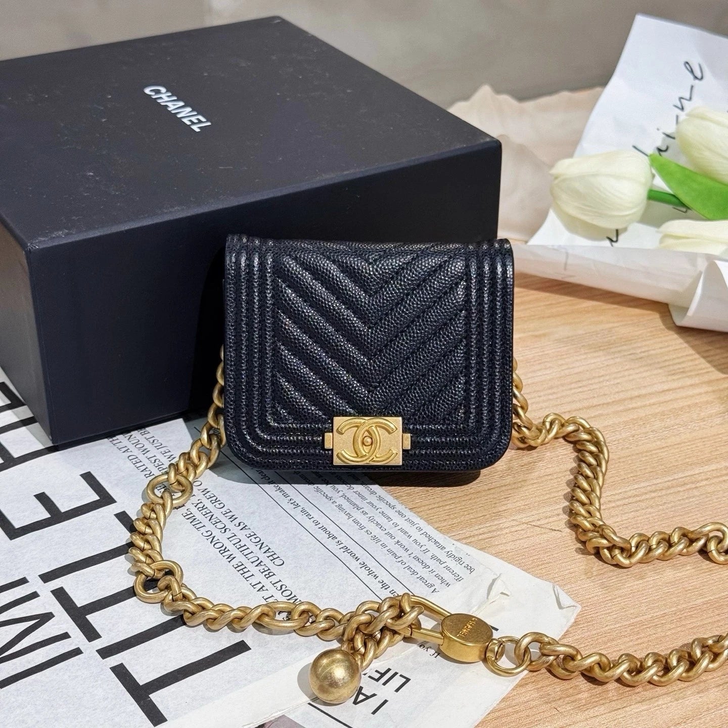 CHANEL Mini LeBoy Black Gold Leather Waist Bag For Women