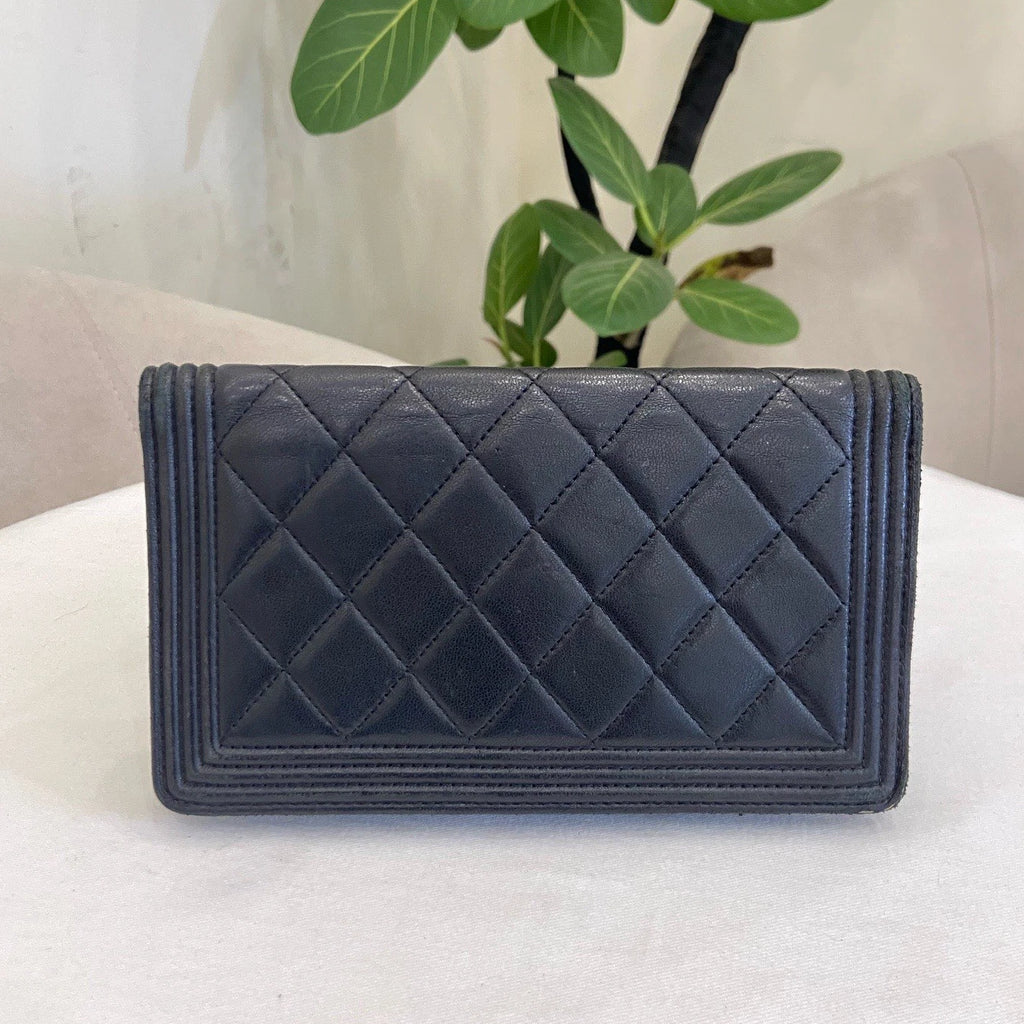 Chanel Leboy Diamond Long Wallet Black Gold Used Women Classic