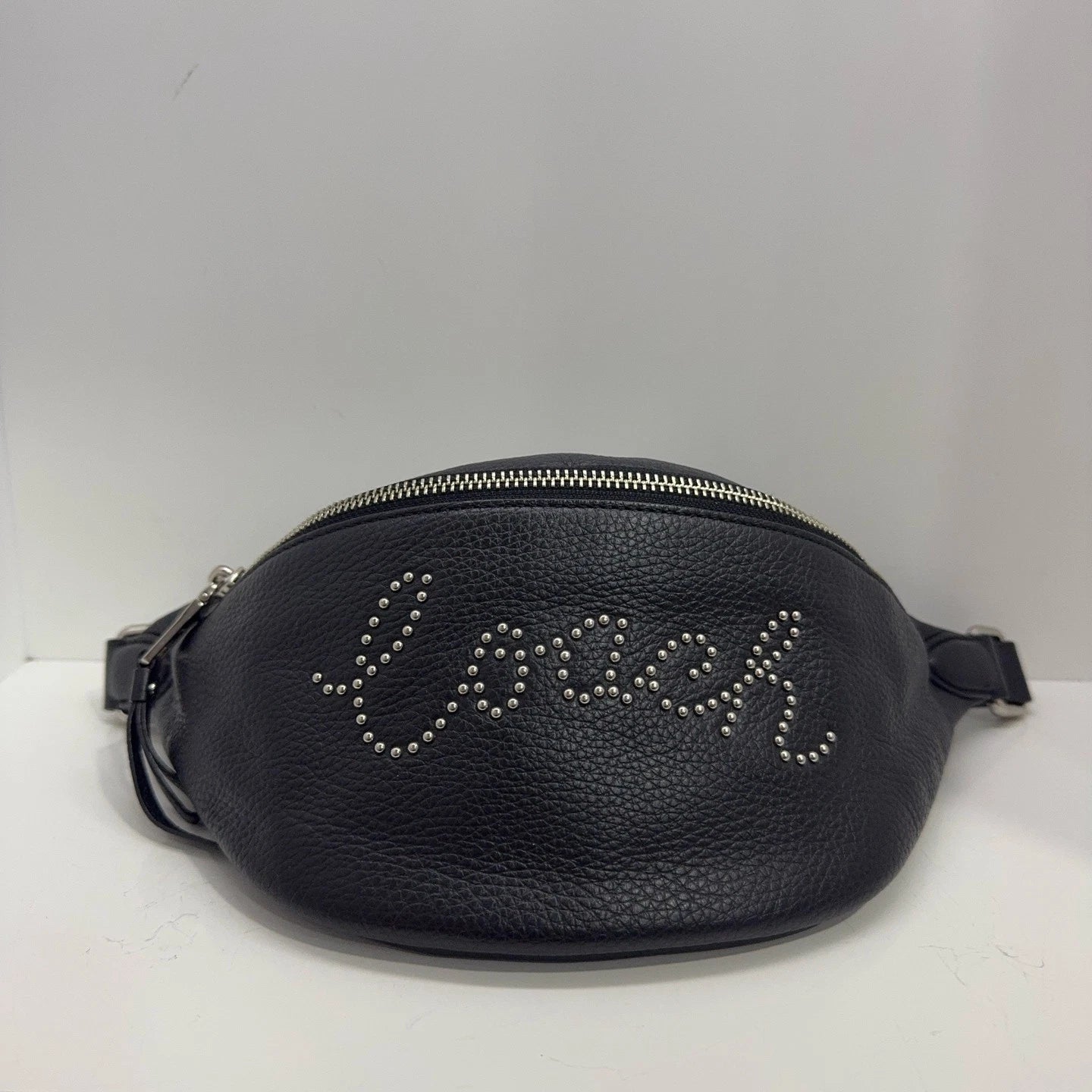 Coach Black Pebbled Leather Rivet Logo Zipper Waist Bag For Women