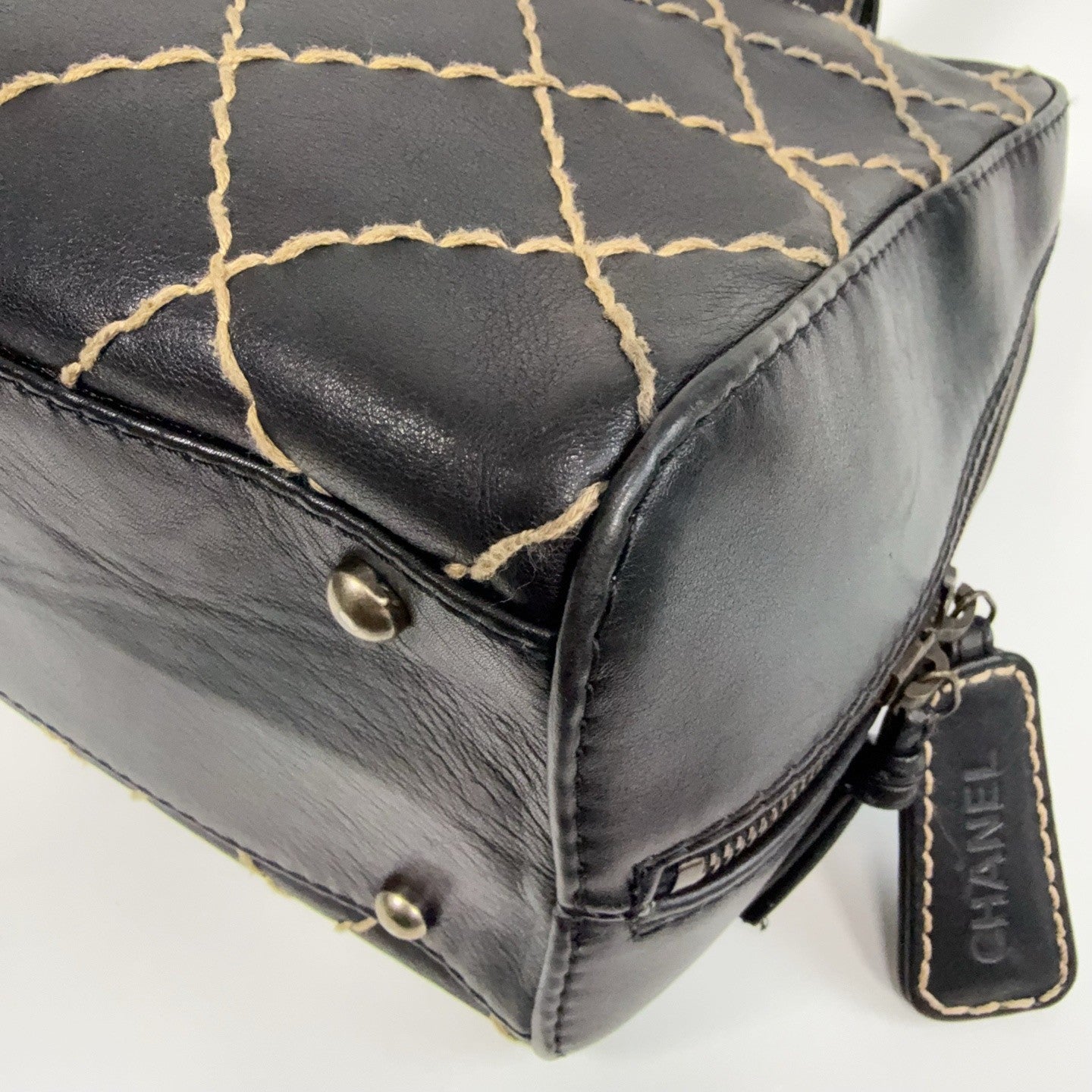 Chanel Diamond Vintage Top Handle Bag Black Silver Used Women Classic