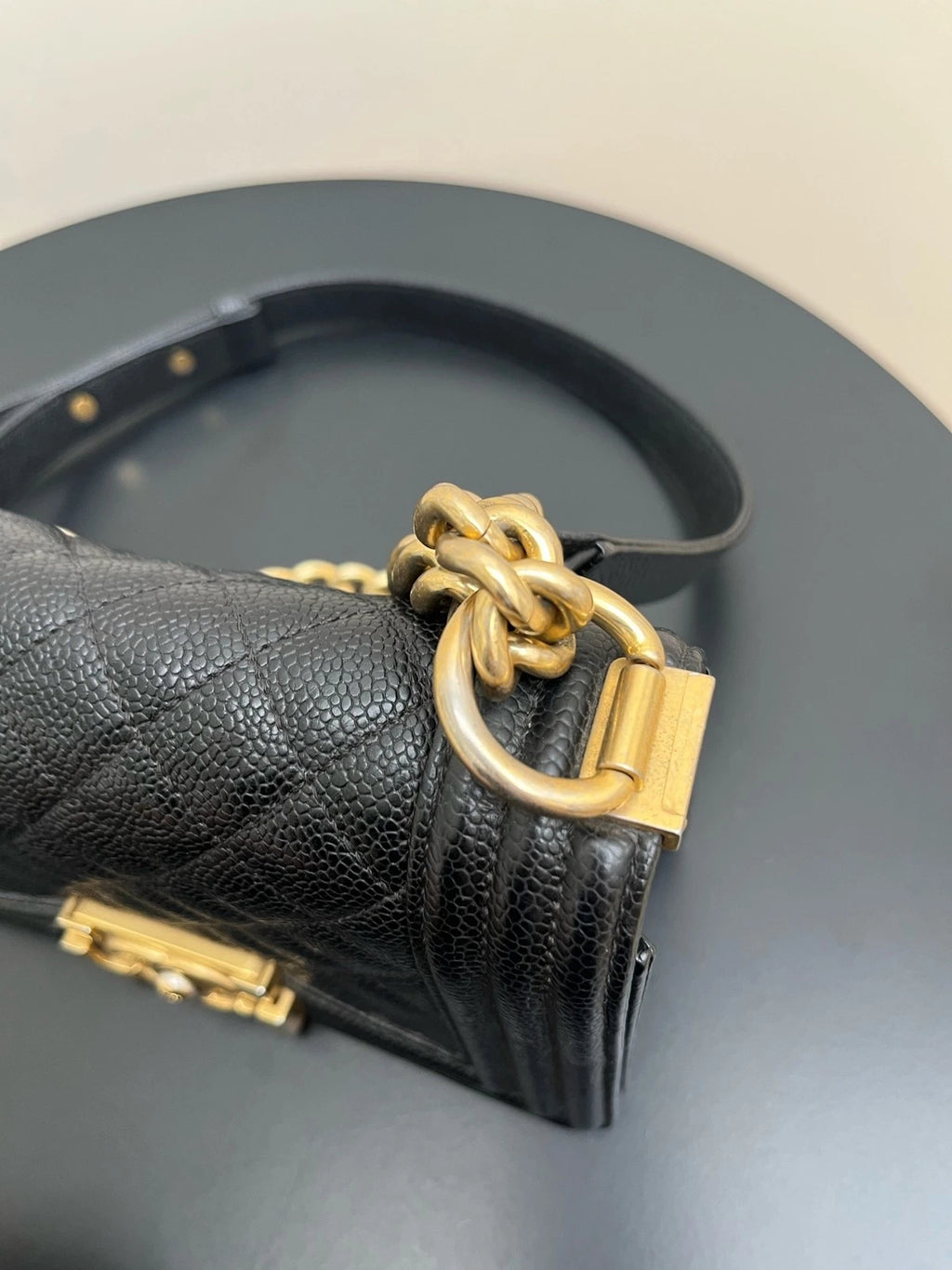 CHANEL LeBoy Small Black Gold Leather Shoulder Bag For Women