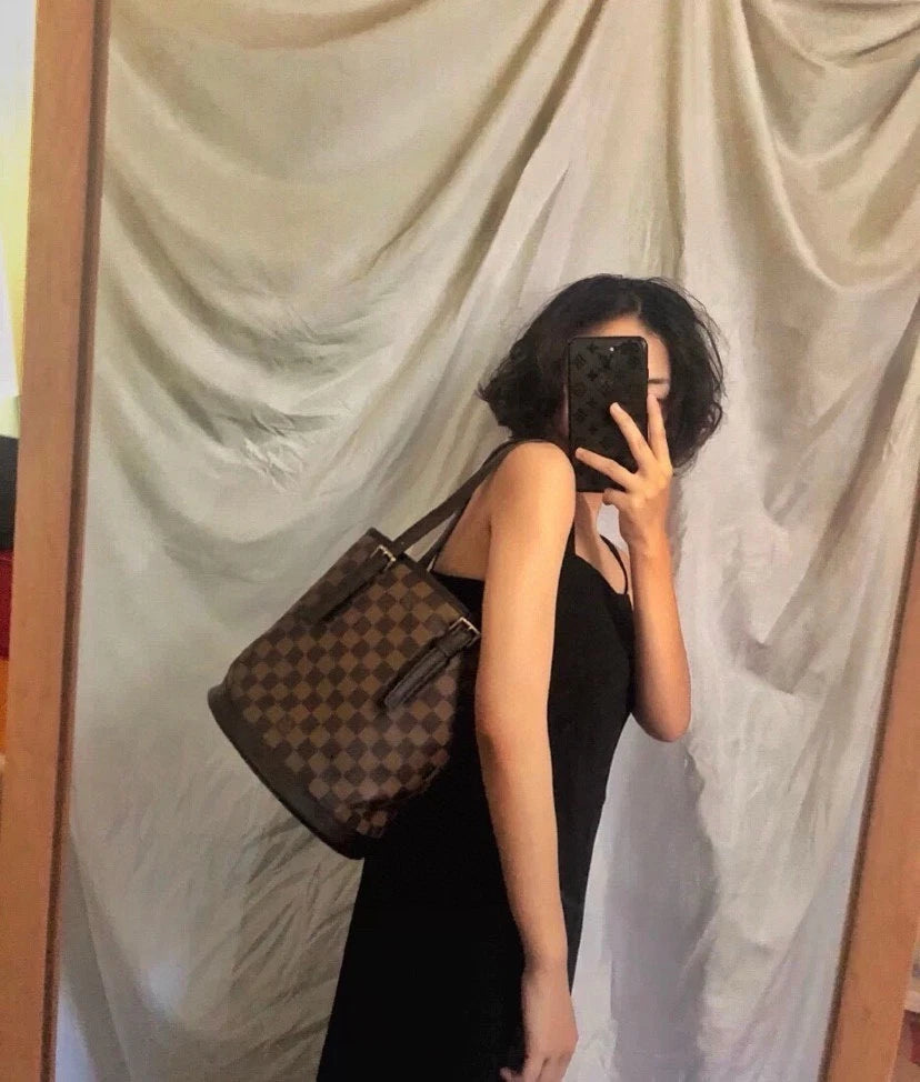 Louis Vuitton Damier Ebene Bucket Brown Shoulder Bag Women Classic
