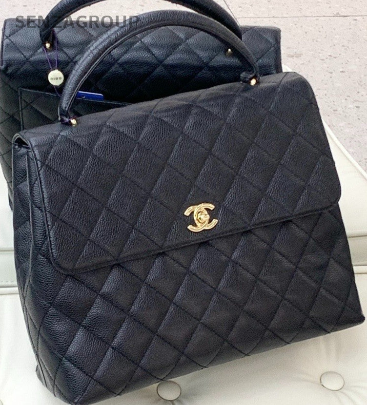 Chanel Vintage Kelly Caviar Leather Handbag Top Handle Bag Women Black