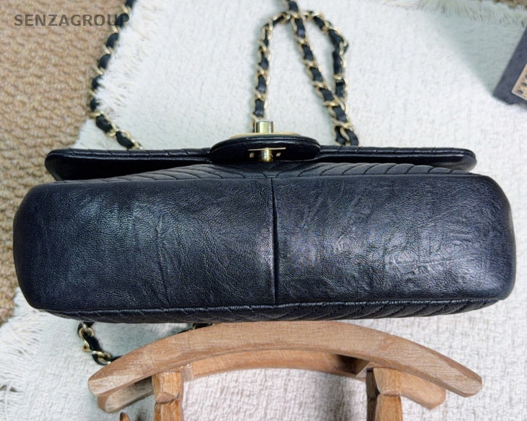 Chanel Classic Flap PM Chain Shoulder Bag Crossbody Chevron Black Gold Women