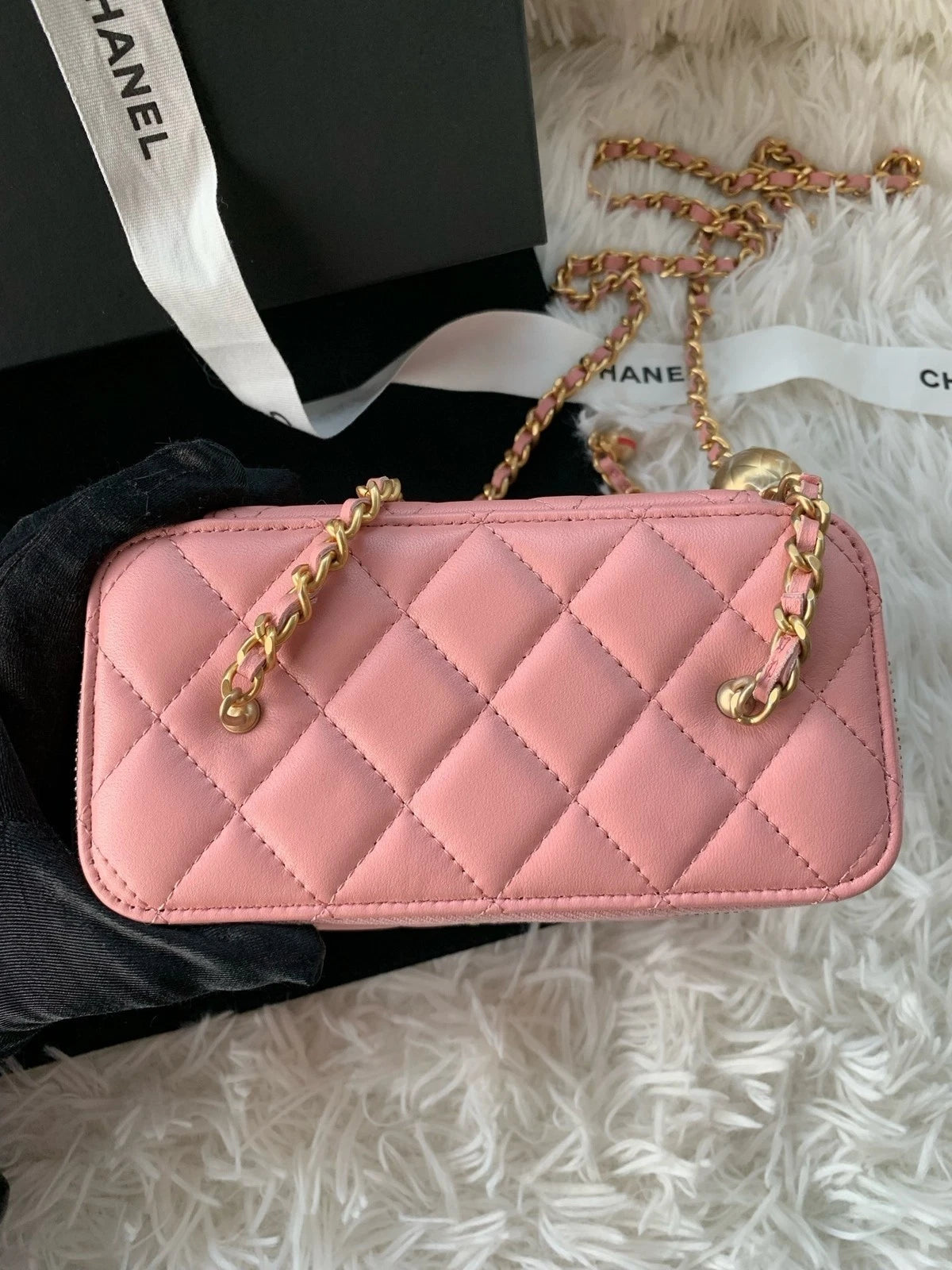 CHANEL Coral Pink Lambskin Gold Ball Long Box Shoulder Crossbody Women