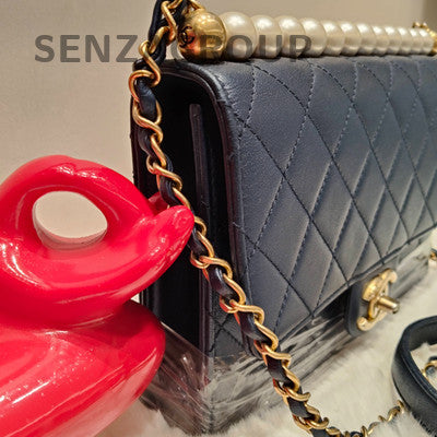Chanel Blue Quilted Caviar Pearl Chain Shoulder Bag Gold Hardware