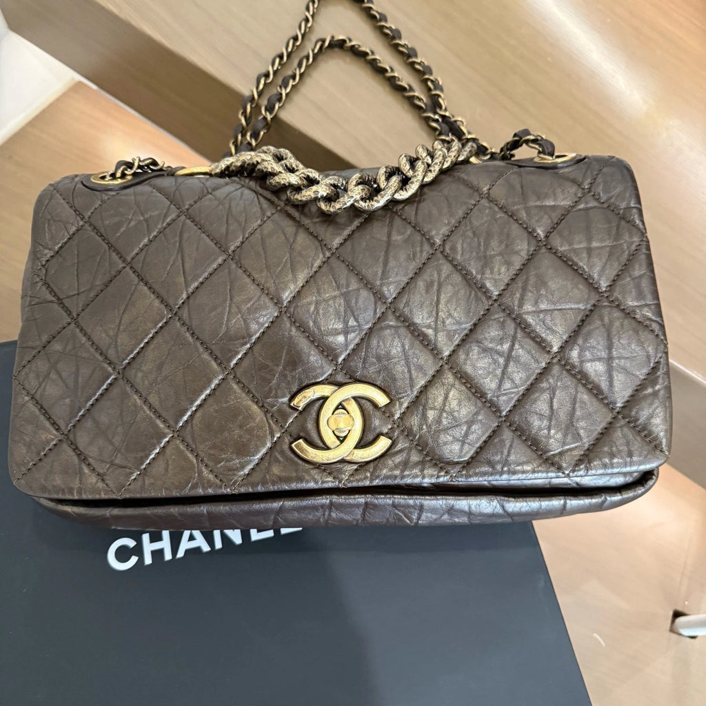 Chanel Oil Wax Dianmond Chain Shoulder Bag Brown Women Classic
