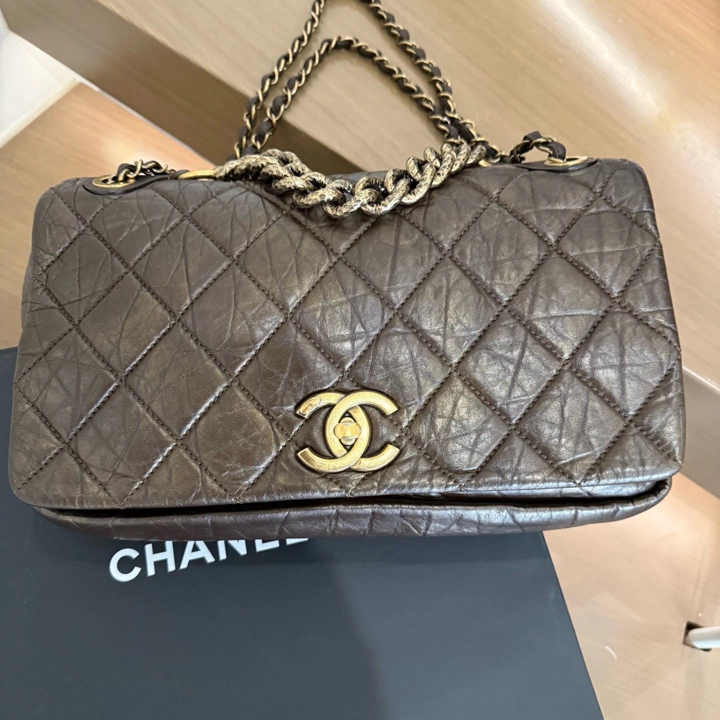 Chanel Oil Wax Dianmond Chain Shoulder Bag Brown Women Classic