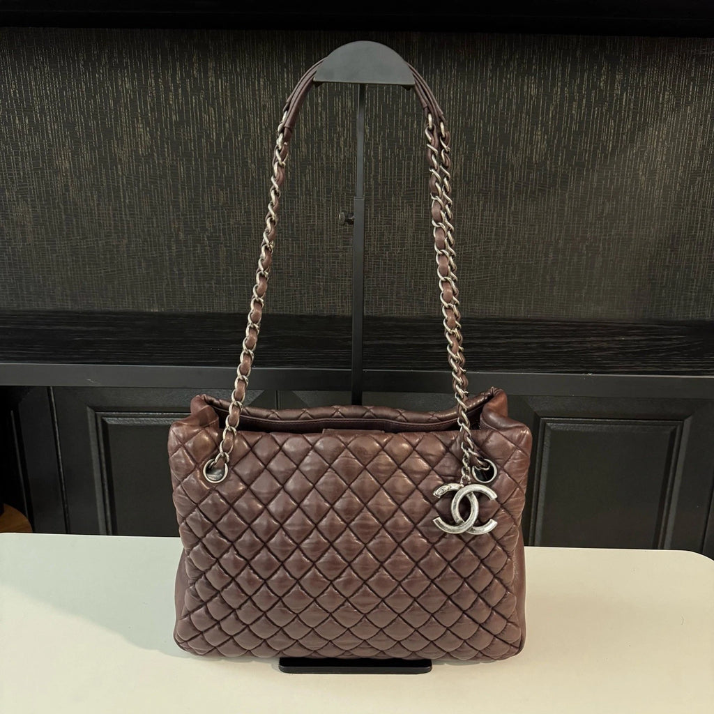 Chanel Diamond Tote MM Chain Shoulder Bag Purple Silver Women Classic
