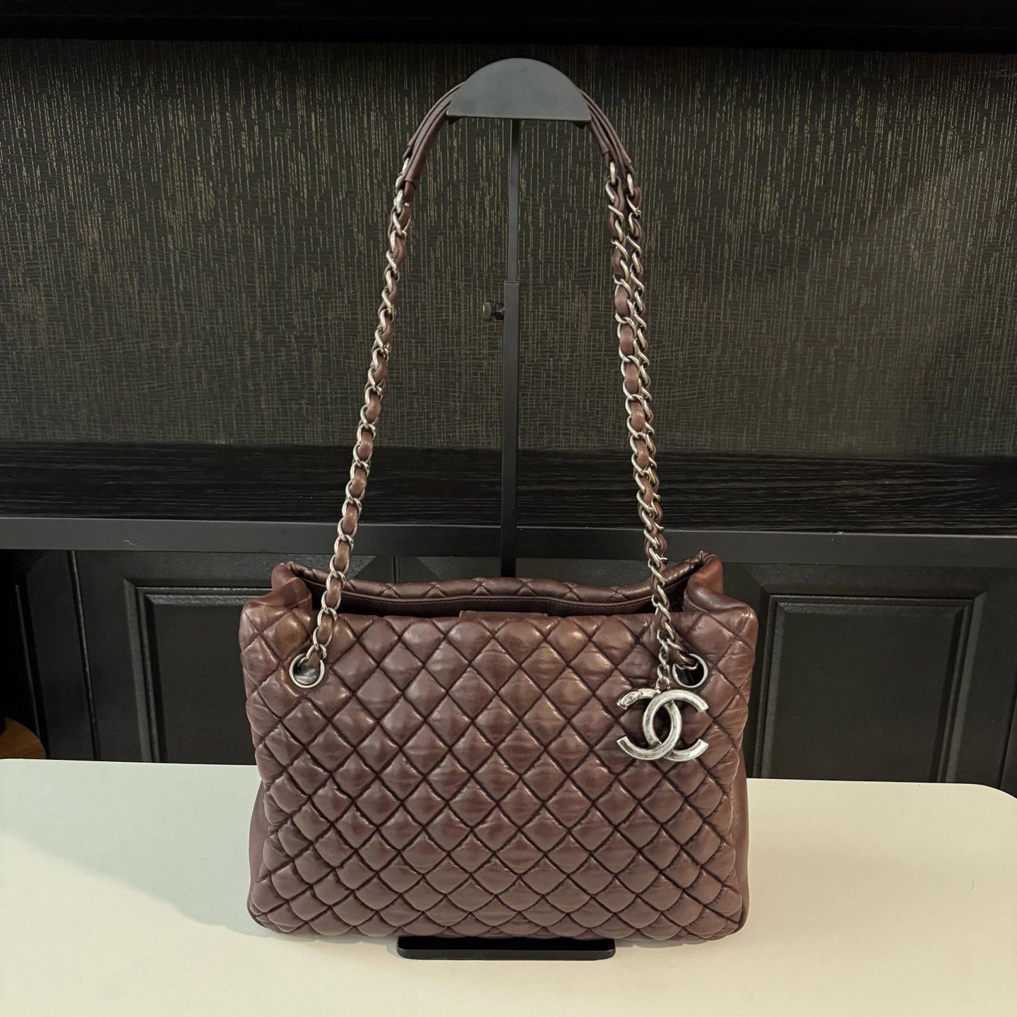 Chanel Diamond Tote MM Chain Shoulder Bag Purple Silver Women Classic