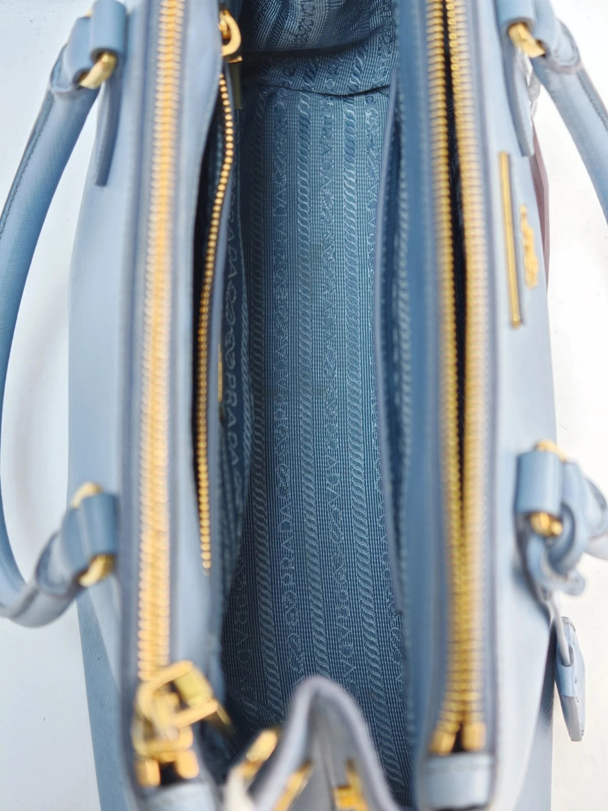 Prada Galleria 2Way Top Handle Bag Crossbody Blue Gold Used Women Classic