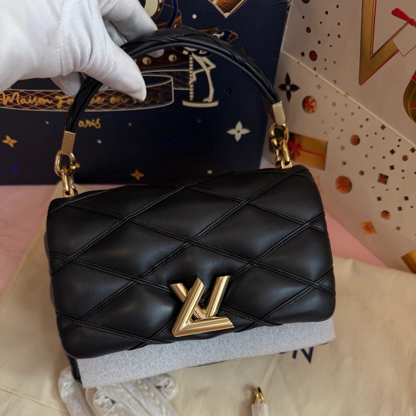 Louis Vuitton GO-14 MM Top Handle Bag Chain Crossbody Black Gold Women Classic