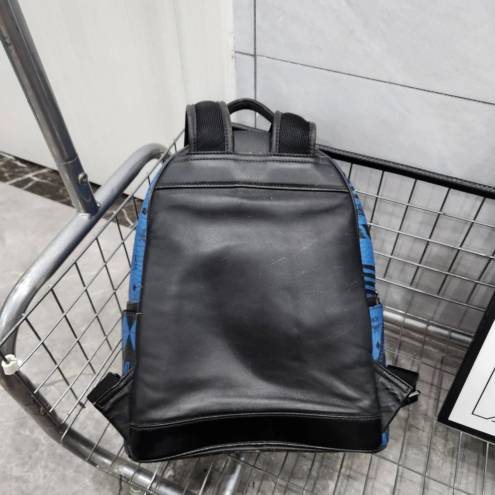 MCM Canvas Coated Black Blue Graffiti Rivet Backpack for Women