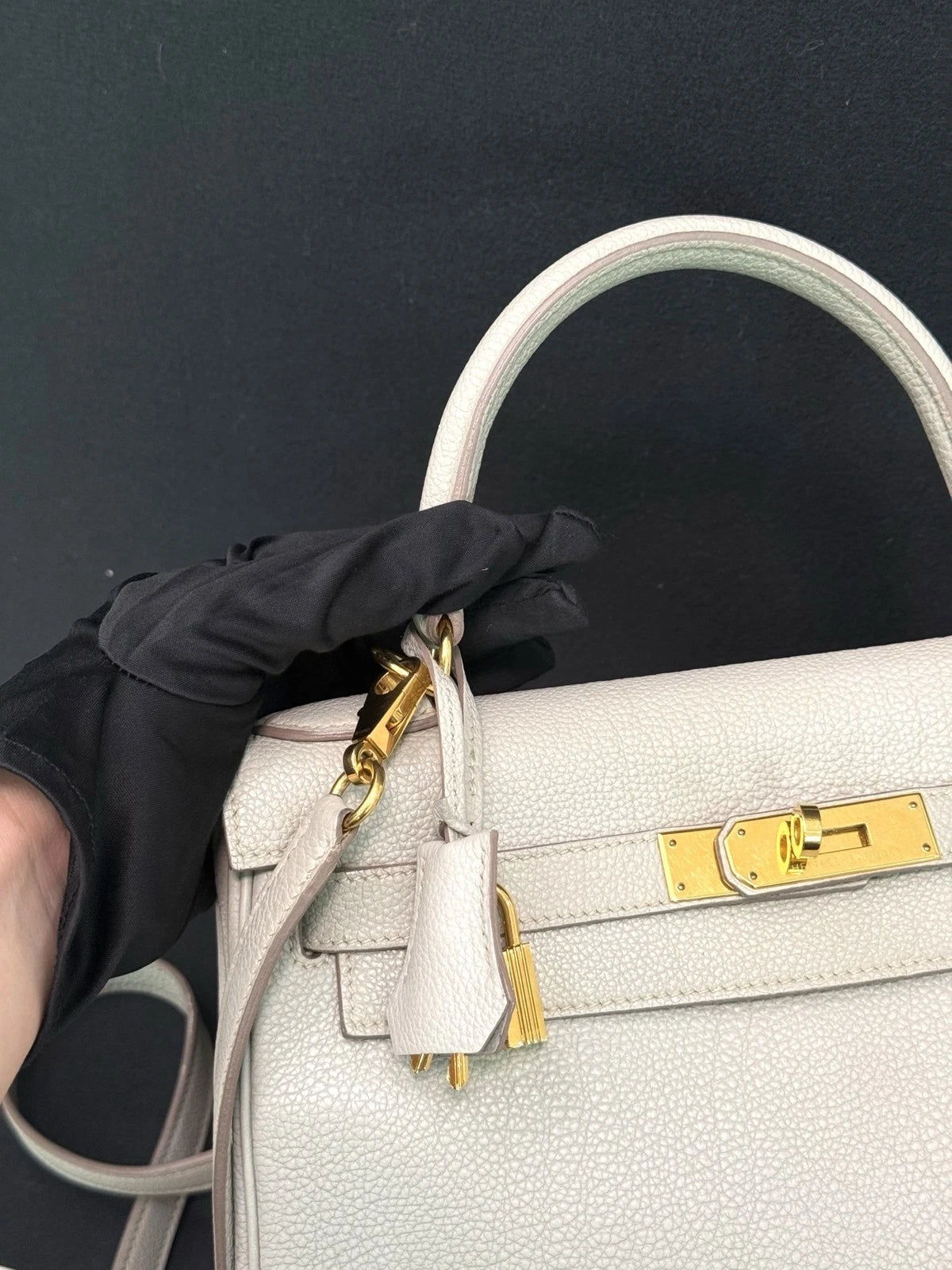 Hermes Kelly28 Top Handle Bag Crossbody Gray Gold Used Women Fashion Classic
