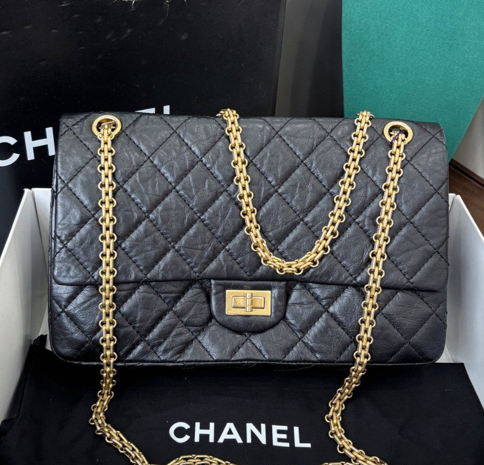 Chanel 2.55 MM Chain Shoulder Bag Crossbody Black Gold Women Classic