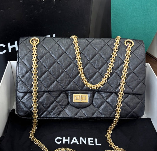 Chanel 2.55 MM Chain Shoulder Bag Crossbody Black Gold Women Classic