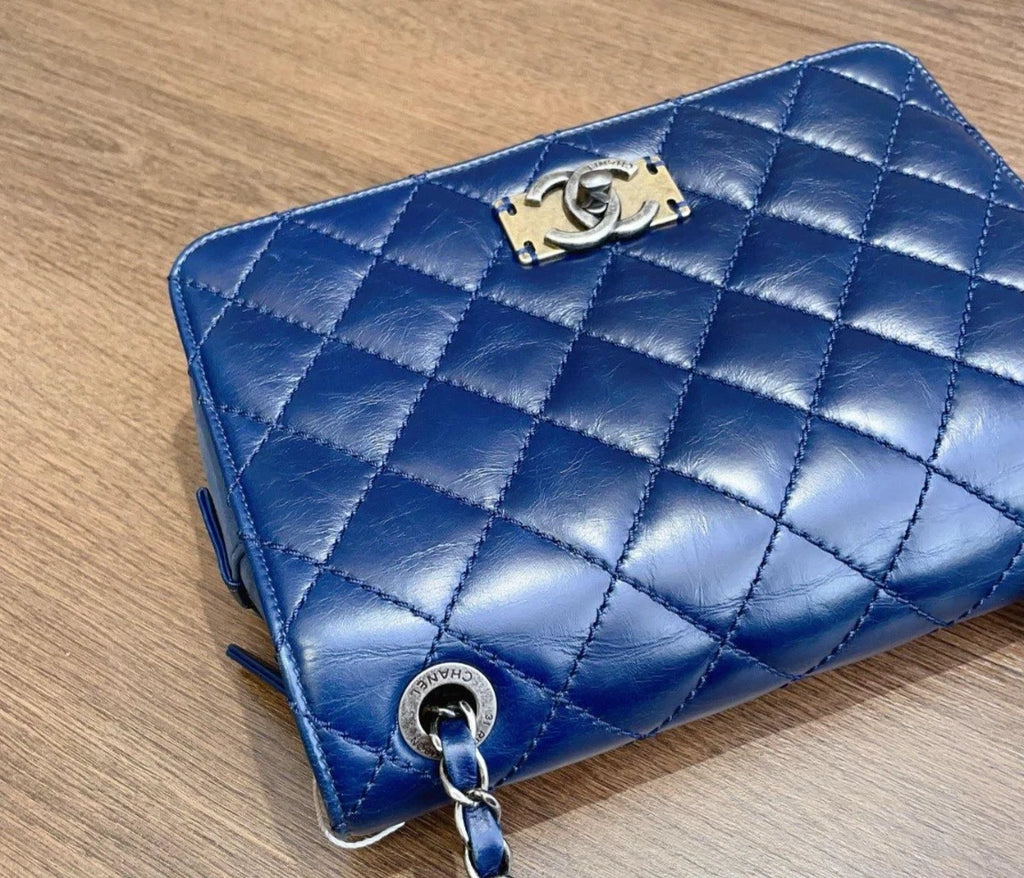 Chanel Diamond PM Turn Lock Blue Chain Sliver Hardware Shoulder Bag Women