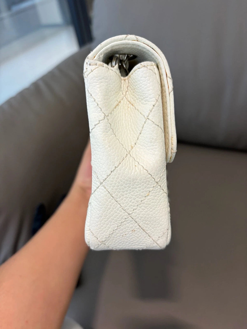 Authentic Chanel Classic Flap Silver Chain White Shoulder Bag Diamond Turnlock