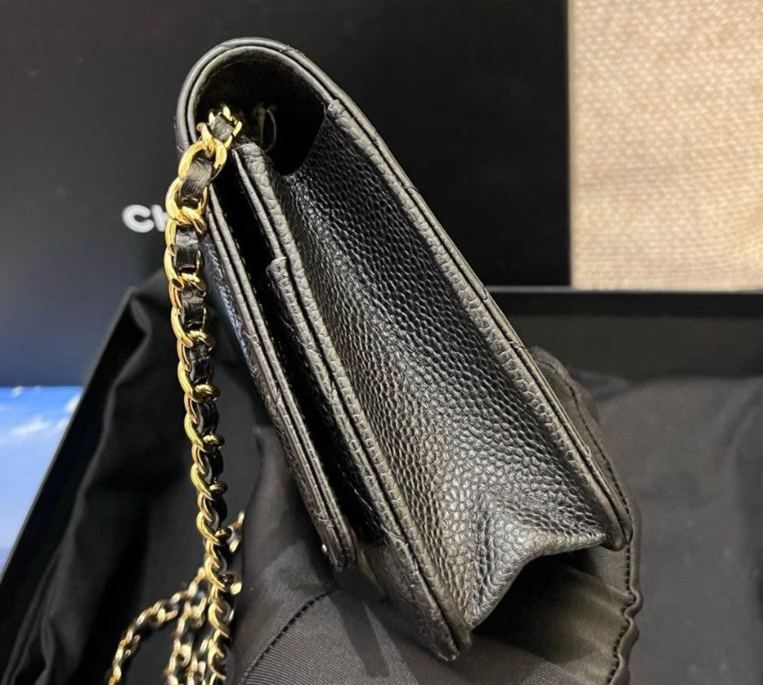 Chanel WOC Chain Crossbody Shoulder Bag Black Gold Diamond Women Classic