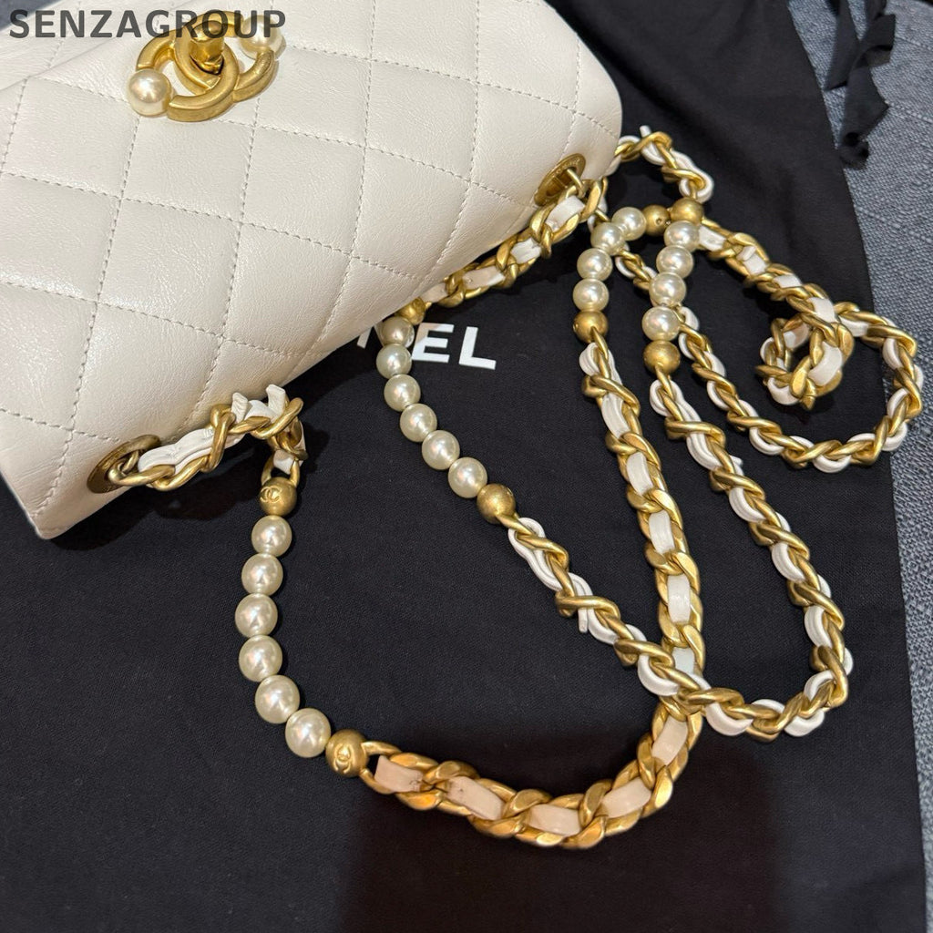 Chanel Vintage Calfskin Pearl Chain Shoulder Bag White Gold Classic Women