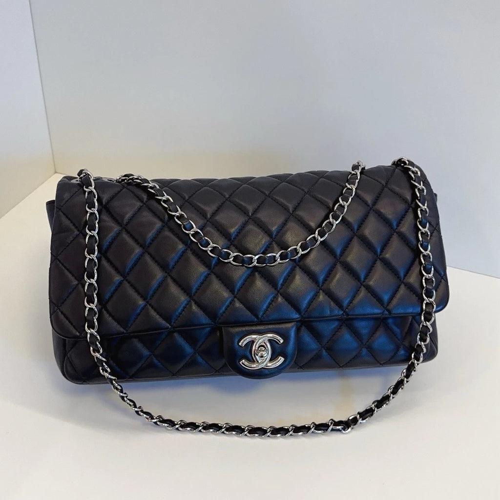 Chanel Classic Flap Chain Black Shoulder Bag Crossbody Diamond Silver Hardware