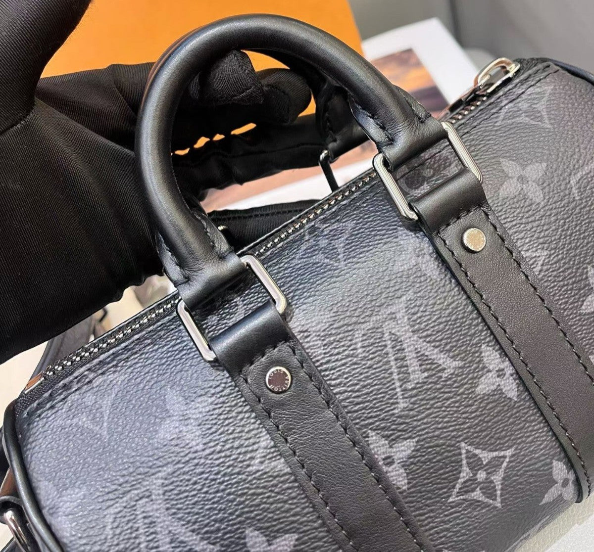 Louis Vuitton Keepall Nano Monogram Top Handle Bag Crossbody Black Silver Unisex