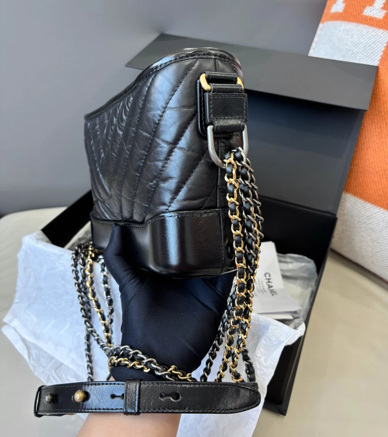 Chanel Gabrielle Chevron PM Shoulder Bag Crossbody Black Women