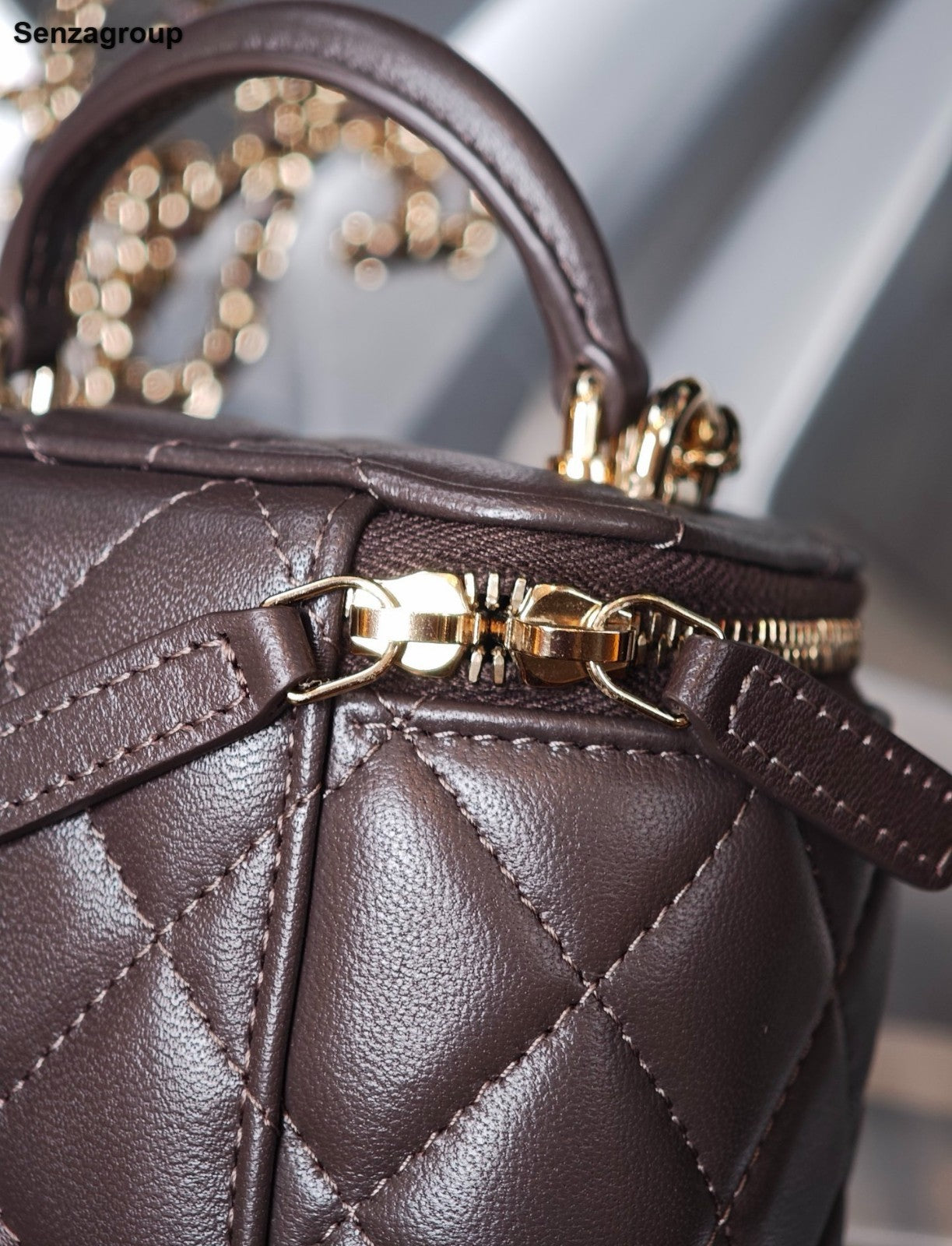 CHANEL Lambskin Chain Crossbody Top Handle Bag Dark Brown Gold Women Classic