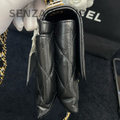 Chanel 23K Classic Black Gold Quilted Chain Shoulder Crossbody Bag