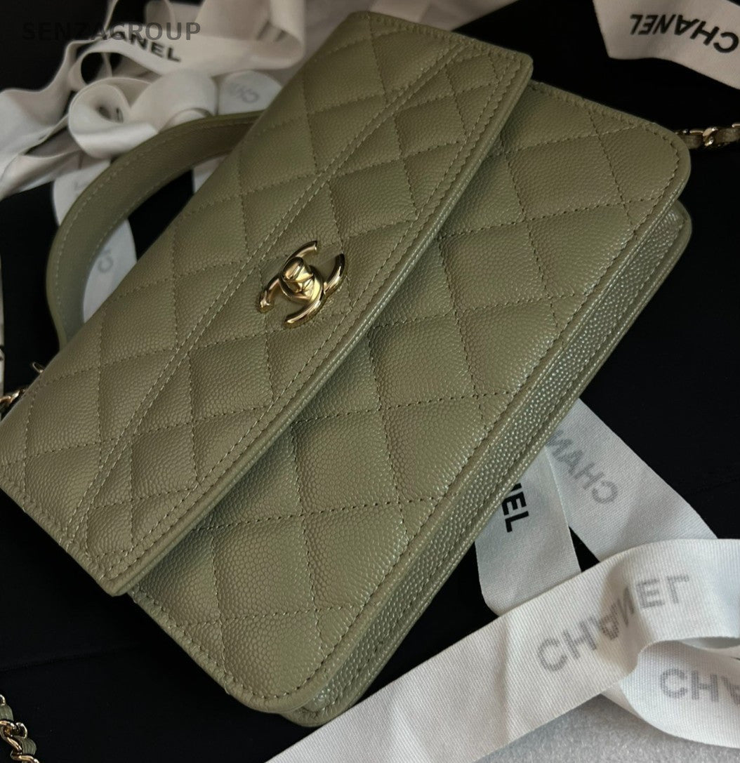 Chanel 25C Diamond Chain Top Handle Bag Crossbody Green Gold Women Fashion