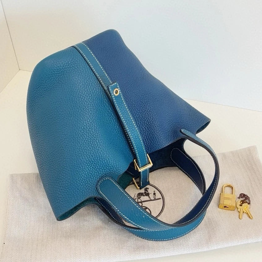 Hermes Picotin18 Top Handle Shoulder Bag Blue Gold Women Fashion