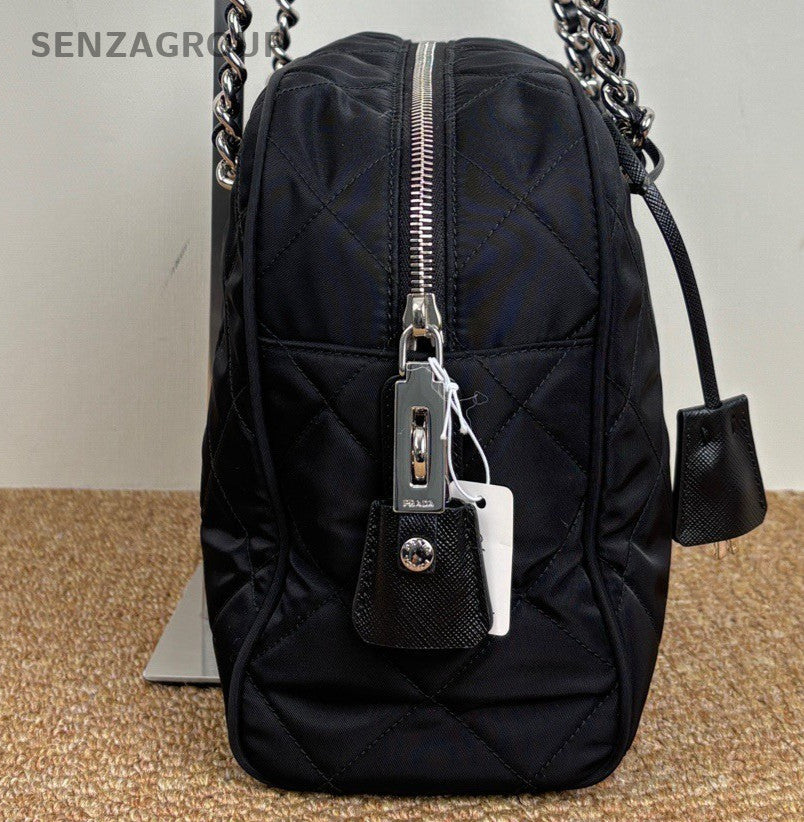 Prada Nylon Chain Shoulder Bag Black Silver Diamond Women Classic Fashion